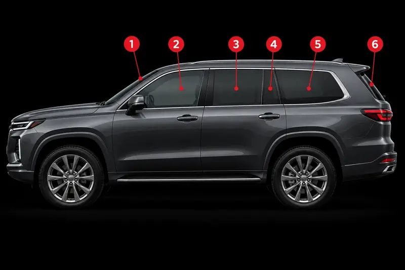 Side profile of an SUV with the six auto glass positions numbered