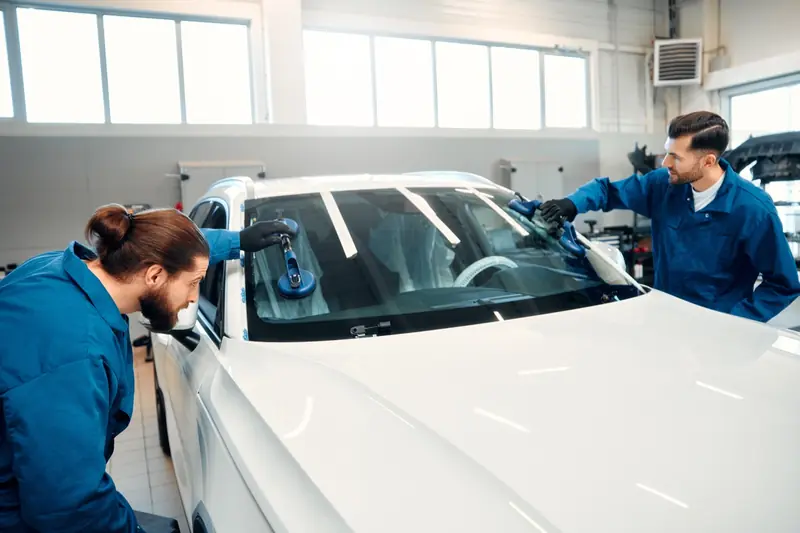 Technicians installing a windshield with suction cups in a repair shop
