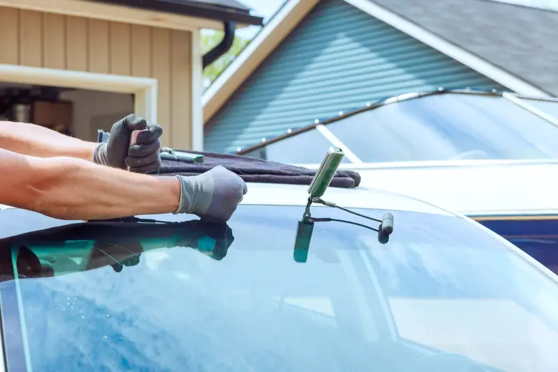 Gloved technician repairing a windshield outdoors
